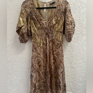 🍁BCBGMaxAzria Brown and Gold  puff Sleeve Dress
